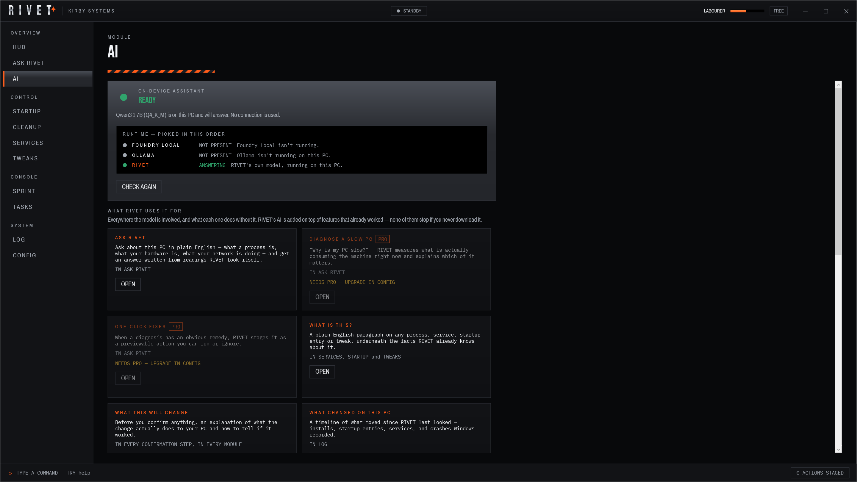 The Ask RIVET module answering a question about system state, with the on-device model named in the header and a proposed fix the user can confirm.