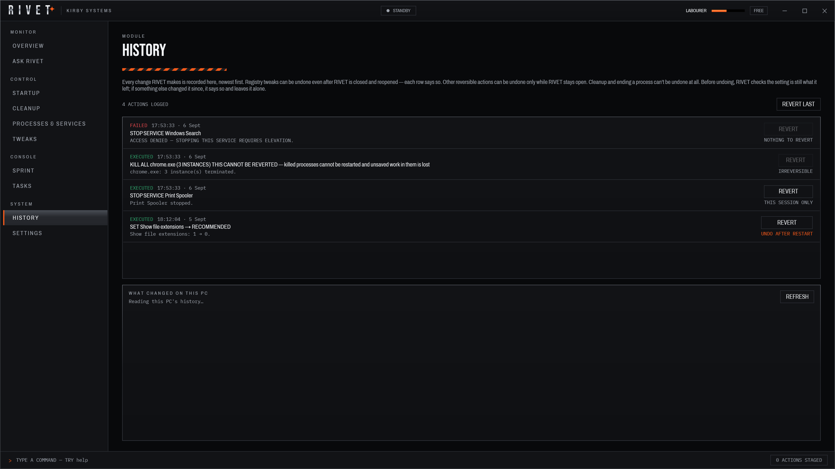 RIVET's history of changes with undo