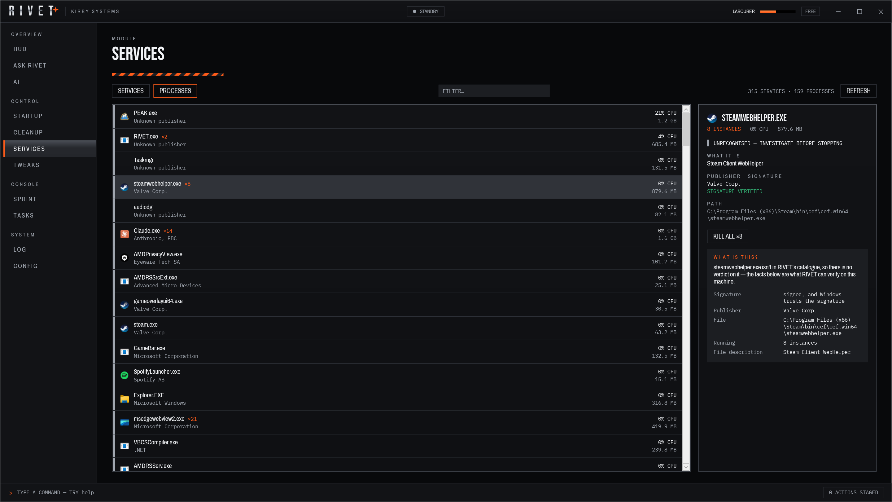 The process list grouped by application, showing memory and CPU per group so a dozen browser helpers read as one actionable row.