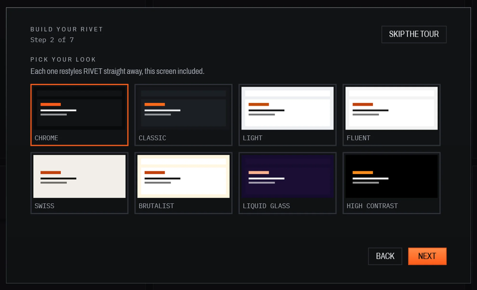 Build your Rivet, step 2 of 7: pick your look from eight theme previews.
